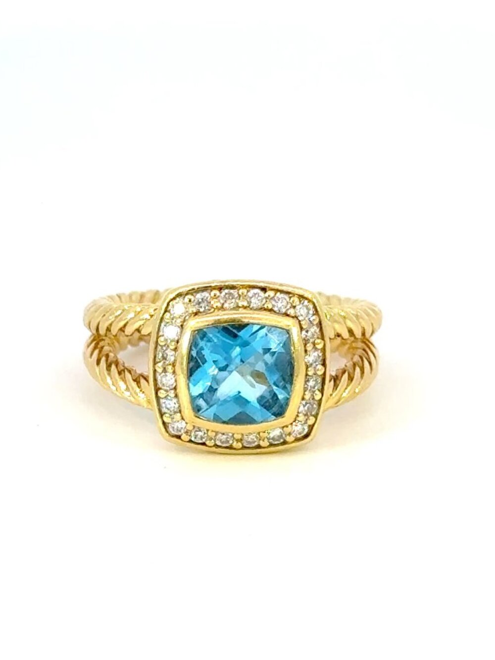 David Yurman 18K Yellow Gold Blue Topaz Diamond Albion Cocktail Ring Band